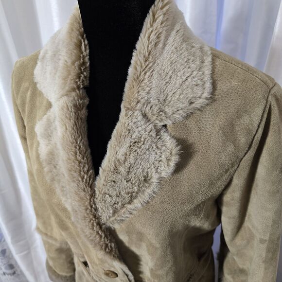 BRANDON THOMAS Penny Lane Coat Medium Tan Suede Leather Faux Fur Lining Vintage - Picture 2 of 15